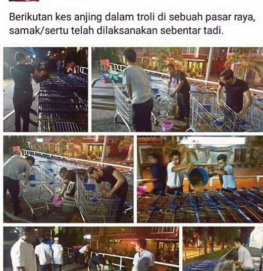 Kerja samak troli dilakukan selepas viral pelanggan membawa anjing ke pasar raya, baru-baru ini. Foto -Facebook Mohd Shaheer