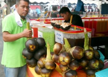 Seorang peniaga, Azman Sudin, 60, menunjukkan buah kelapa laut yang dijual pada harga RM4 hingga RM8 ketika ditemui di Bazar Ramadan ketika tinjauan. Foto -Bernama
