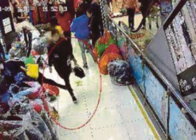 Rakaman kamera keselamatan menunjukkan suspek wanita yang memakai pakaian hitam yang dicuri keluar dari kedai. Foto - Harian Metro
