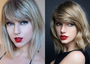 Foto kanan adalah Taylor Swift sebenar manakala foto kiri adalah April Gloria yang memiliki rupa paras mirip Taylor.